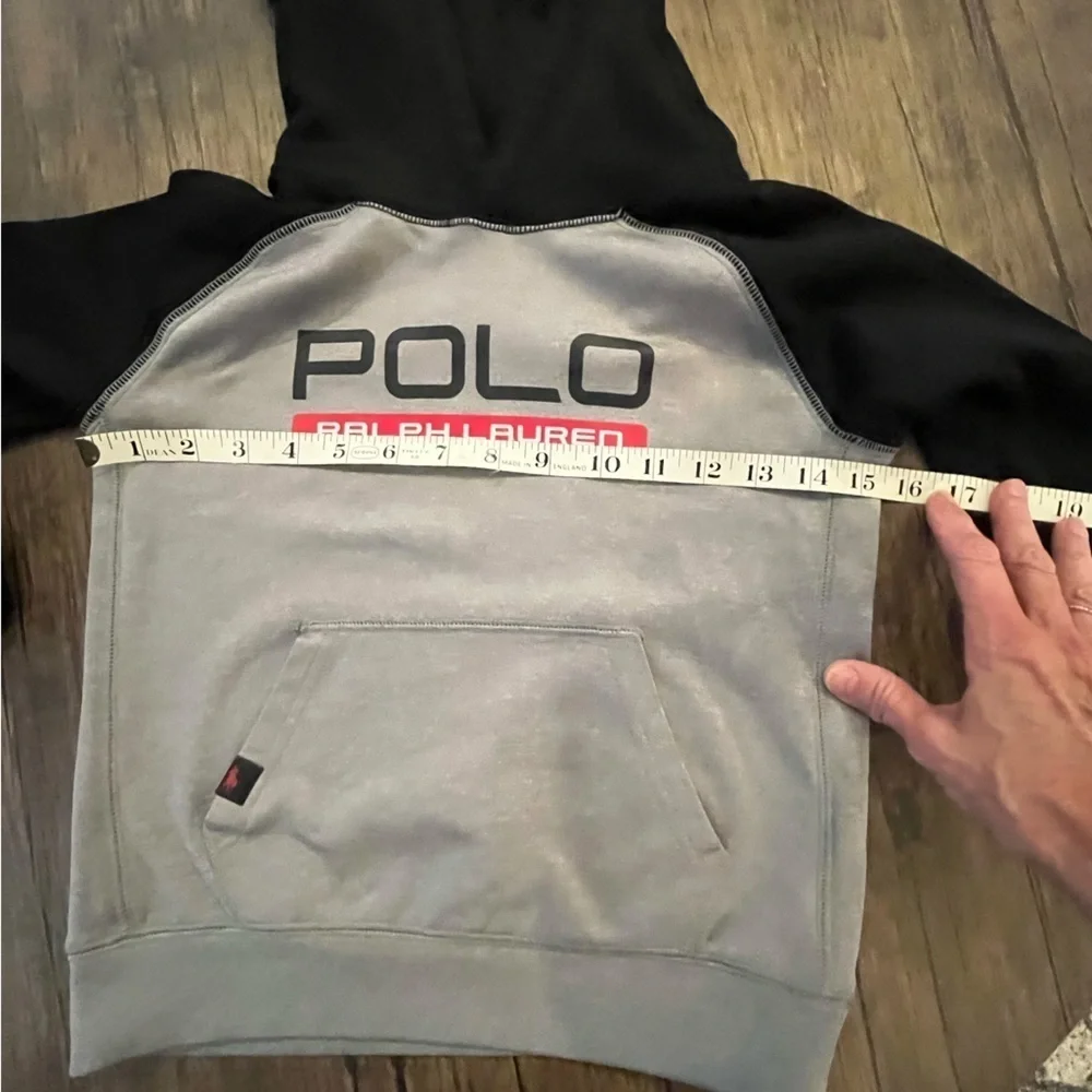 Ralph Lauren kids SZ small polyester hoodie. Black grey & red. Good condition